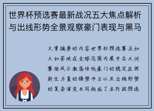 世界杯预选赛最新战况五大焦点解析与出线形势全景观察豪门表现与黑马 世界杯预选赛最新战况五大焦点解析与出线形势全景观察豪门表现与黑马